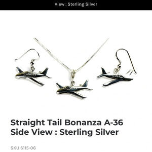 Aviation Jewelries Straight Tail Bonanza A-36 Sterling Silver earrings necklace